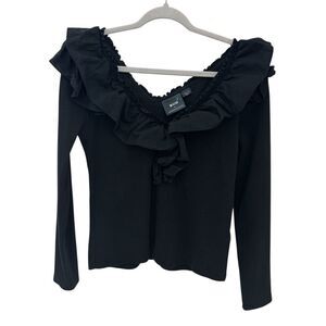 MAEVE by Anthropologie Ruffle Off The Shoulder Shirt Size Medium Black Ribbed